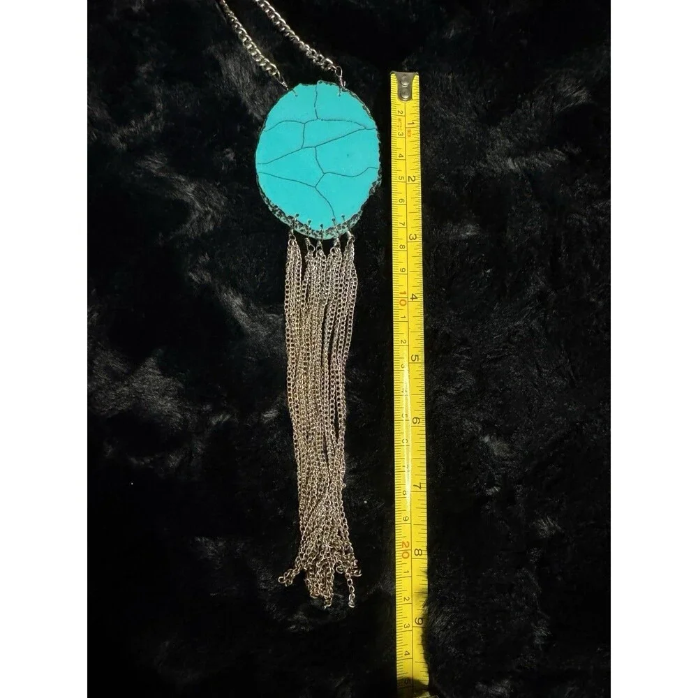Silver Tone Turquoise Oval Pendant Necklace Long Fringe Southwestern Boho
